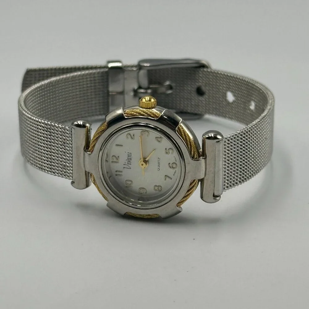 3/$30 Vivani Watch Women Silver Tone Twisted Rope Bezel Mesh Band 8.5